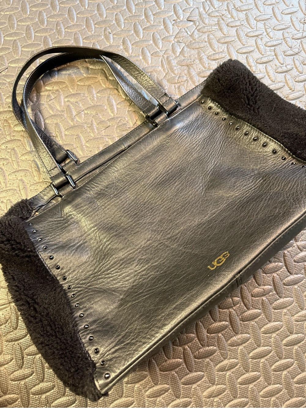 UGG Black Leather Wool Shearling Studded Tote Shoulder Bag